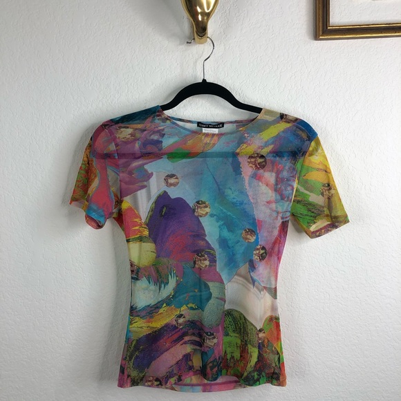 Issey Miyake Sheer Abstract Mesh 90's Tee Top Blou - Picture 6 of 10